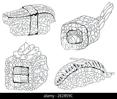 Set de zentangle de sushi dessiné à la main pour colorier, pour t-shirt et autres décorations Illustration de Vecteur