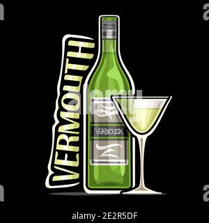 Logo vectoriel pour Vermouth, illustration d'une bouteille classique verte avec étiquette décorative et verre de dessin animé, étiquette carrée avec lettre de conception unique Illustration de Vecteur