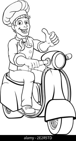 Le Chef Moped Scooter Food Delivery Man Cartoon Illustration de Vecteur