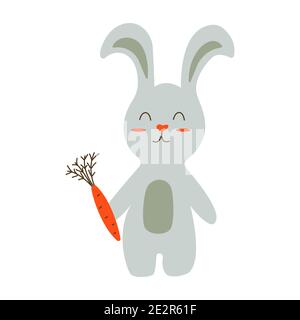 Mignon lièvre tient la carotte dans son patte. Illustration vectorielle colorée isolée. Animal rongeur bébé Illustration de Vecteur