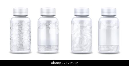 Flacons de médicaments avec pilules et capsules claires isolés sur fond blanc. Maquette vectorielle réaliste de récipient transparent en verre ou en plastique avec étiquette et couvercle vierges. pots 3d avec médicaments médicaux Illustration de Vecteur