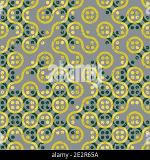 Truchet Generative art cercles aléatoires et lignes ondulées vector fond de motif sans couture. Toile de fond jaune et gris ondulée, formes circulaires et points Illustration de Vecteur