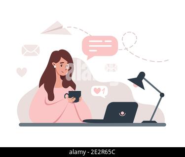 Femme travaillant à l'ordinateur portable, travaillant à domicile, freelance ou étudiant Illustration de Vecteur