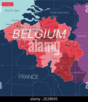 Belgique carte détaillée modifiable avec régions villes, routes et chemins de fer, sites géographiques. Fichier vectoriel EPS-10 Illustration de Vecteur