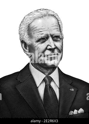 Joe Biden. Nouveau président des États-Unis. Gravure vectorielle originale. Portrait isolé en noir et blanc du leader américain dans le style vintage. Illustration de Vecteur