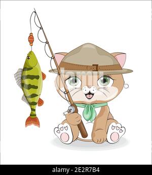 chat ilpêcheur scout avec perch sur tige, image à la main dessin style de dessin animé, pour le dessin imprimé, carte de voeux anniversaire, carte postale. douche de bébé. fête Illustration de Vecteur