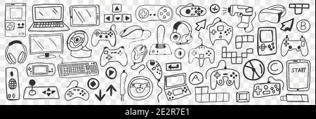Divers gadgets intelligents ensemble de doodle. Collection d'ordinateurs tirés à la main smartphones casques écouteurs écrans joueurs console de jeu joystick et lunettes 3d isolées sur fond transparent Illustration de Vecteur
