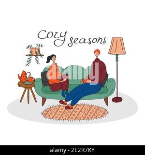 Carte d'hymnes avec couple heureux. Confortable maison, concept de séjour à la maison. Illustration vectorielle linéaire dessinée à la main pour affiche, autocollant, bannière, motif saisonnier Illustration de Vecteur