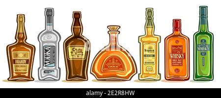 Ensemble vectoriel de bouteilles d'alcool, groupe d'illustrations découpées de boissons spiritueuses dures en bouteilles avec étiquettes décoratives, collection de lot de lico de dessin animé Illustration de Vecteur