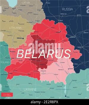 Bélarus pays carte détaillée modifiable avec régions villes, routes et chemins de fer, sites géographiques. Fichier vectoriel EPS-10 Illustration de Vecteur