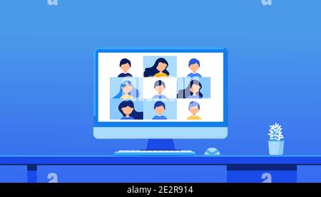 Conférence virtuelle avec les employés. Concept d'éducation en ligne et d'e-learning. Mise en quarantaine à domicile apprentissage à distance. Concept de travail à distance. Réunion en ligne en appel vidéo. Conférence vidéo Web. Illustration de Vecteur