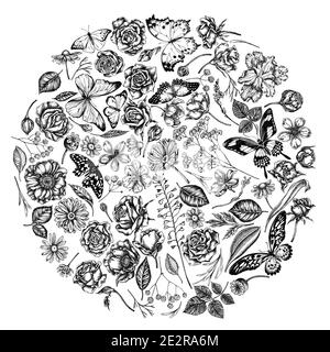 Motif floral rond avec sac à main noir et blanc de berger, bruyère, iris japonica, sakura, gitsophila, camomille, amande, fleur de pavot, calendula Illustration de Vecteur