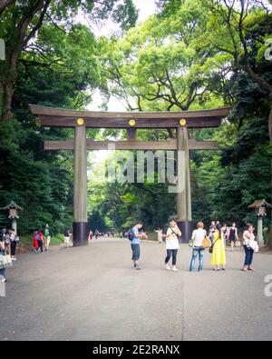 Une porte en bois de 40 pieds de torii à l'entrée de Meiji Jingu (sanctuaire Meiji), à côté du parc Yoyogi à Shibuya, Tokyo, Japon. Banque D'Images