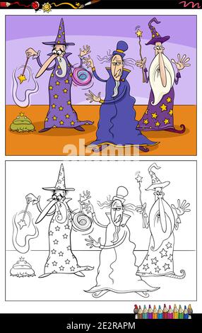 Illustration de la page de livre de coloriage de trois personnages sorciers fantaisie Illustration de Vecteur