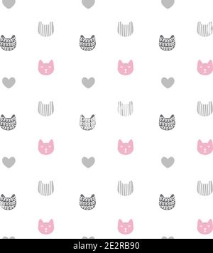 Motif vectoriel sans coutures avec chats texturés dessinés à la main, style doodle graphique. Visages chatons gris et rose. Saint-Valentin Illustration de Vecteur