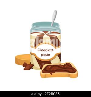 Illustration vectorielle d'un pot ouvert de pâte de chocolat avec une cuillère à l'intérieur. En-cas sucré. Pâte de chocolat-noix. Illustration de Vecteur