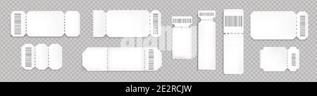 Maquette de billets vierges avec code à barres et ligne pointillée. Modèles vides pour le concert, le cinéma et l'embarquement de transport. Coupons de loterie blancs isolés sur fond transparent, jeu de vecteurs 3d réaliste Illustration de Vecteur