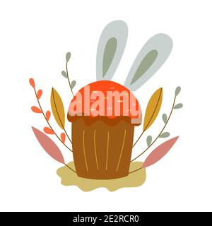 Gâteau de Pâques décoré. Brindilles de saule, calaques de lièvre derrière un gâteau. Illustration vectorielle colorée isolée. Joyeuses Pâques. Cuisine traditionnelle et symbole Illustration de Vecteur