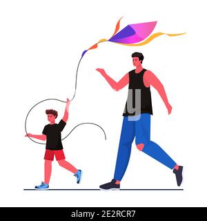 le jeune père et le jeune fils lancent le kite ensemble le concept de paternité parenting papa passe du temps avec l'illustration vectorielle pleine longueur enfant Illustration de Vecteur