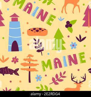 Collection USA. Illustration vectorielle du thème Maine. Symboles d'état - répétition transparente Illustration de Vecteur
