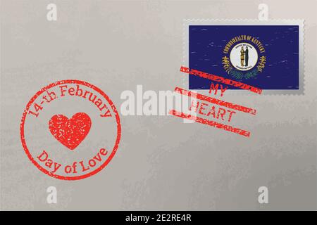 Enveloppe de timbre-poste avec drapeau Kentucky US et timbres de Saint-Valentin, vecteur Illustration de Vecteur