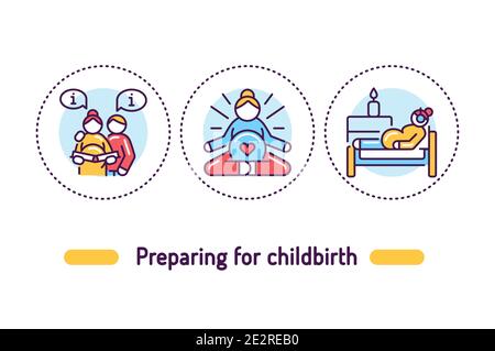Préparation pour le concept de contour de l'accouchement. Icônes de couleur de la ligne de grossesse. Pictogrammes pour la page Web, l'application mobile, la promotion Illustration de Vecteur