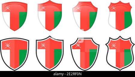 Drapeau vertical Oman en forme de bouclier, quatre versions 3d et simples. Icône / signe omanais Illustration de Vecteur