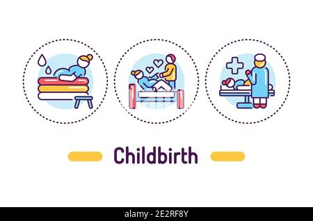 Concept du contour de l'accouchement. Icônes de couleur de la ligne de service de l'hôpital de maternité. Pictogrammes pour la page Web, l'application mobile, la promotion. Illustration de Vecteur