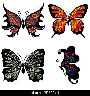 Ensemble de quatre magnifiques papillons colorés décorés de différentes formes isolées sur un fond blanc, dessin à la main illustration Illustration de Vecteur