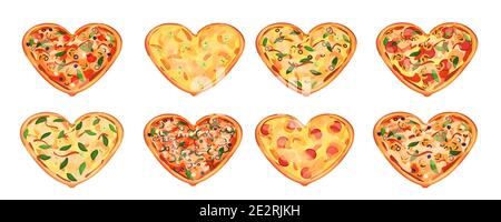 Ensemble de pizzas chaudes à huit coeurs avec différents ingrédients isolés sur fond blanc. Cadeau possible pour la Saint Valentin. Les feuilles de basilic sont autour Illustration de Vecteur