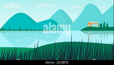 Paysage romantique avec maison, eau et collines illustration vectorielle Illustration de Vecteur