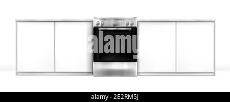 Four dans le bureau de cuisine, appareil électrique intégré, cuisinière en argent fermée et placards vue de face. Technique domestique, équipement de technologie domestique isolé sur fond blanc, maquette 3D vectorielle réaliste Illustration de Vecteur