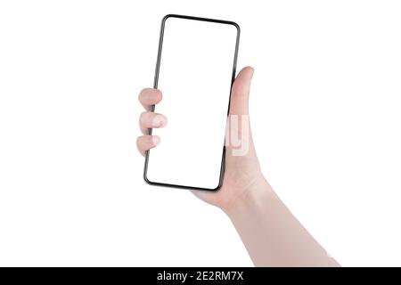 Main humaine tient smartphone noir écran blanc arrière-plan isolé gros plan, main de femme tenant téléphone mobile, téléphone portable de conception moderne à la main Banque D'Images