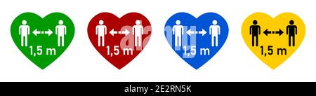 Ensemble de social distance colorée Gardez votre distance 1,5 m ou 1,5 mètres symbole coeur d'avertissement en vert, rouge, bleu et jaune. Image vectorielle. Illustration de Vecteur