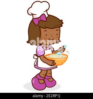 Illustration d'une petite fille dans un uniforme de chef, tenant un bol et cuisinant. Banque D'Images