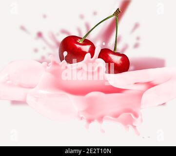 La cerise tombe dans le lait. Splash isolé sur fond blanc Banque D'Images