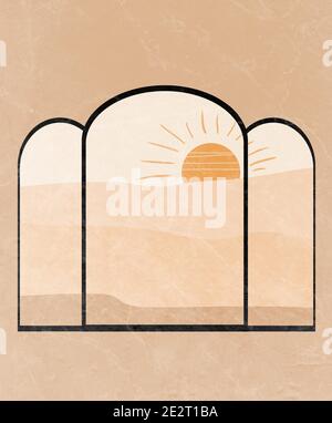 Résumé arrière-plan Morrocan avec des formes géométriques, des formes, un arc-en-ciel, une lune et un soleil. Décoration murale boho. Imprimé artistique moderne minimaliste du milieu du siècle. Illustration de Vecteur