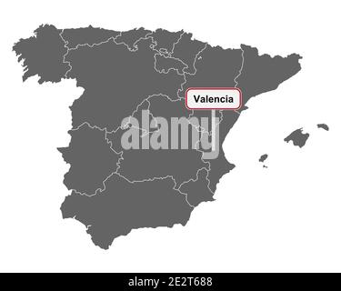 Carte de l'Espagne avec le nom du lieu de Valence Banque D'Images