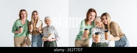 collage de trois générations de femmes heureuses tenant des tasses en papier et livres isolés sur blanc Banque D'Images