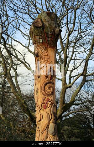 Sculpture d'arbres de divers insectes dans un tronc d'arbre Banque D'Images