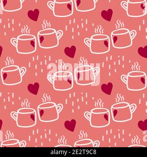 Motif de caniche à motif de Saint-Valentin Vector sans couture dessiné à la main deux tasses de thé de café en forme de coeur Illustration de Vecteur