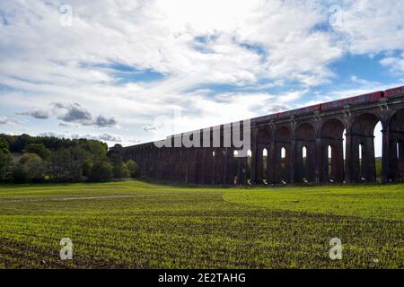 Train traversant un pont à la campagne Banque D'Images