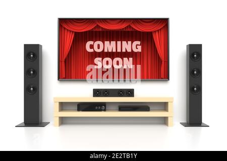 Affiche bientôt disponible. Système Home Cinema avec grand écran de tv lcd avec rideaux de cinéma, haut-parleurs de musique, lecteur vidéo. Dévoilant une nouvelle émission de télévision, publicité de vente Banque D'Images