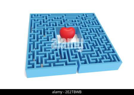 Cœur rouge au milieu d'un labyrinthe isolé sur fond blanc. illustration 3d. Banque D'Images