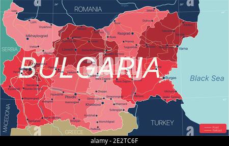 Bulgarie carte détaillée modifiable avec régions villes, routes et chemins de fer, sites géographiques. Fichier vectoriel EPS-10 Illustration de Vecteur