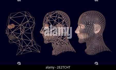 modèle 3d mâle montrant des étages d'objet haute , moyenne , basse résolution. Tête d'homme polygonale de Wirefrane. Réduction du polygone. illustration du rendu 3d . Banque D'Images