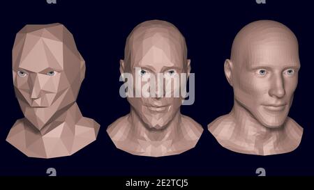 modèle 3d mâle objet à surface solide haute résolution . Face de l'homme polygonal. Réduction du polygone. illustration du rendu 3d Banque D'Images