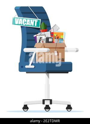 Chaise de bureau, signe de poste vacant. Boîte avec articles de bureau. Embauche et recrutement. Concept de gestion des ressources humaines, recherche de personnel professionnel, travail. Reprise droite trouvée. Illustration vectorielle de style plat Illustration de Vecteur