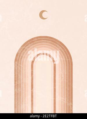 Résumé arrière-plan Morrocan avec des formes géométriques, des formes, un arc-en-ciel, une lune et un soleil. Décoration murale boho. Imprimé artistique moderne minimaliste du milieu du siècle. Illustration de Vecteur