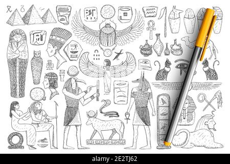 Ensemble de doodle de symboles égyptiens anciens. Collection de pyramides dessinées à la main, pharaon, prêtre, signes religieux et saints symboles isolés sur fond transparent. Illustration de l'Égypte ancienne Illustration de Vecteur